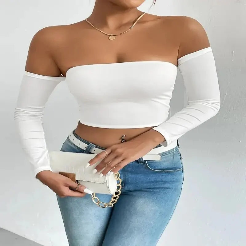 Blusa Crop Básica – Manga Larga con Hombros Descubiertos