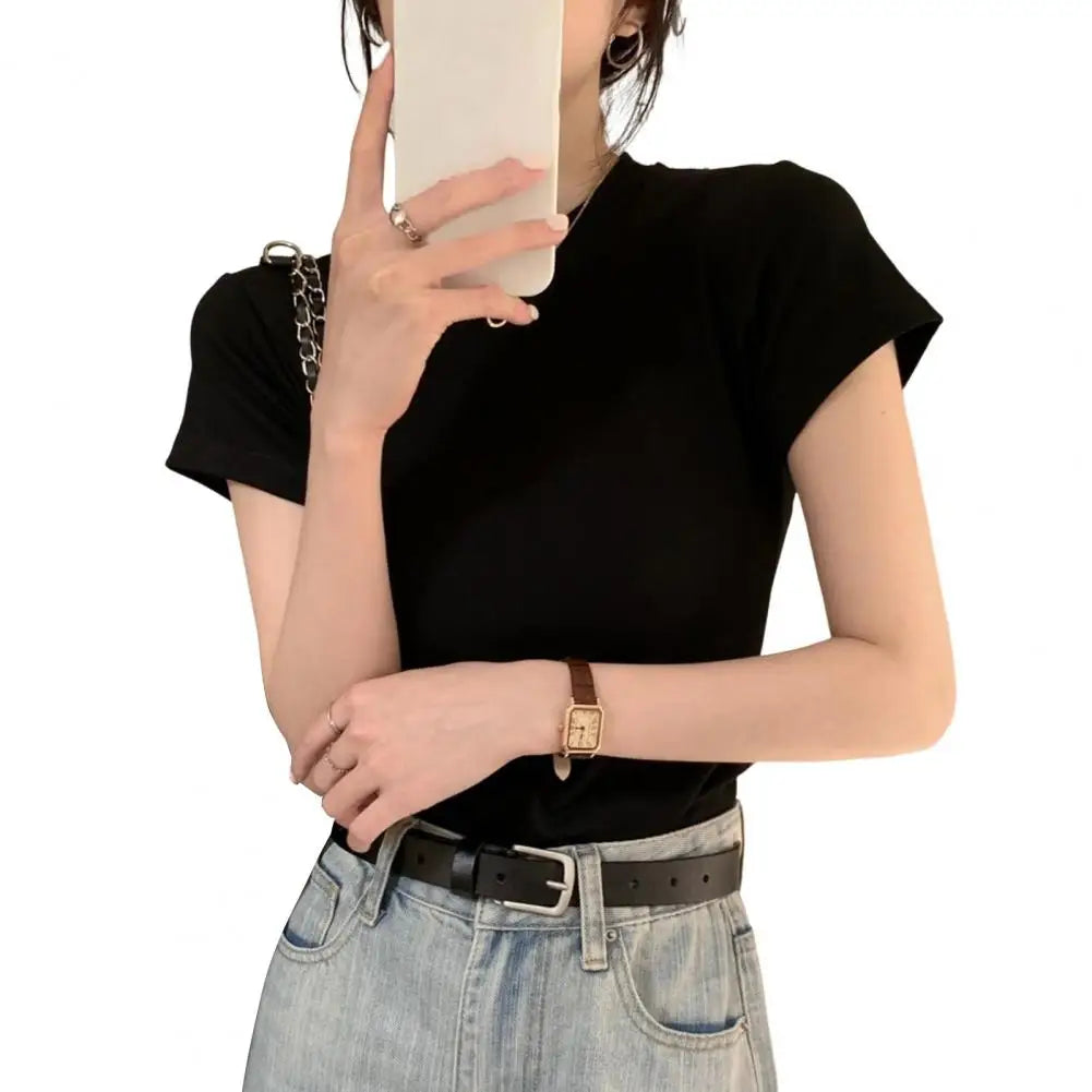 Camiseta básica ajustada de manga corta con cuello redondo – Casual/Streetwear