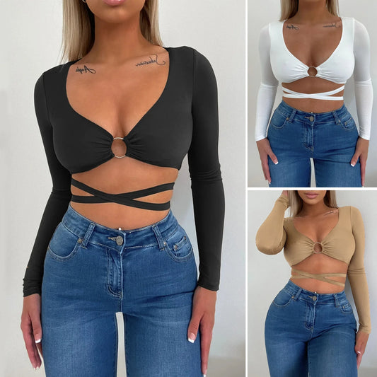 Top Crop Sexy Mujer – Manga Larga con Escote en V y Tiras Cruzadas