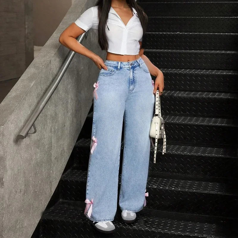 Jeans Wide Leg Azul Claro con Moños Decorativos