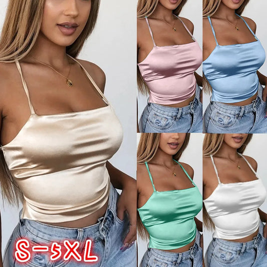 Camisola Sexy De seda De hielo suave para Mujer, Tops cortos ajustados con espalda descubierta, camisola Bandage para fiesta y Club, camisetas sin mangas sexys Y2k, Blusas, Ropa De Mujer