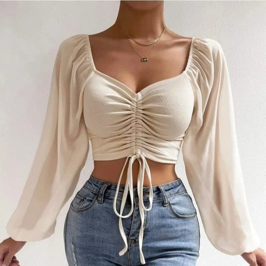 Blusa Sexy de malla con mangas acampanadas y cordón para mujer, blusa  con ombligo descubierto en el pecho.