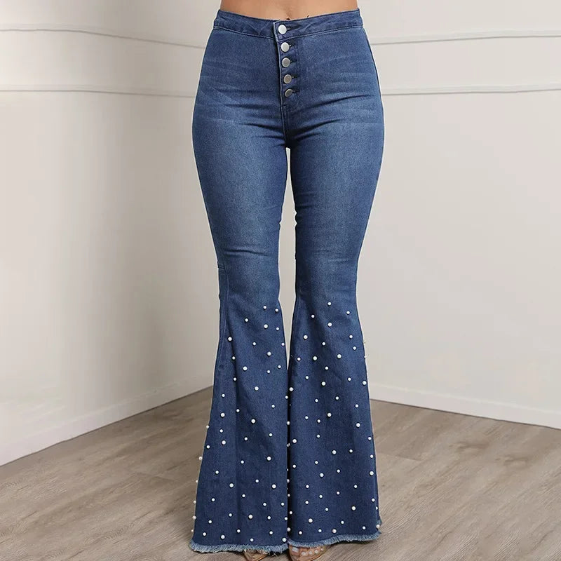 Jeans Acampanados Azul de Cintura Alta con Brillos