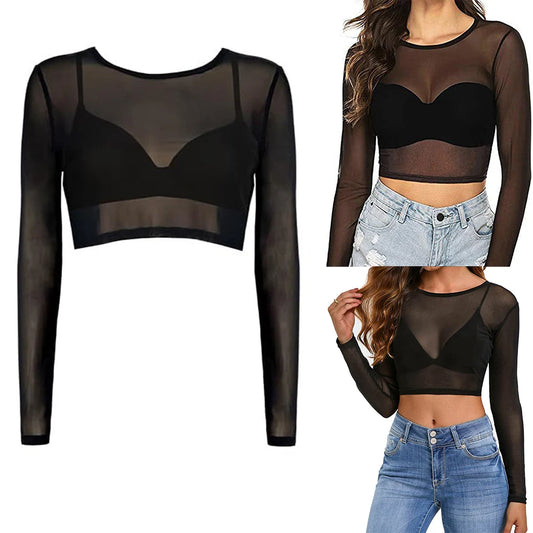 Top de malla transparente de manga larga ajustado