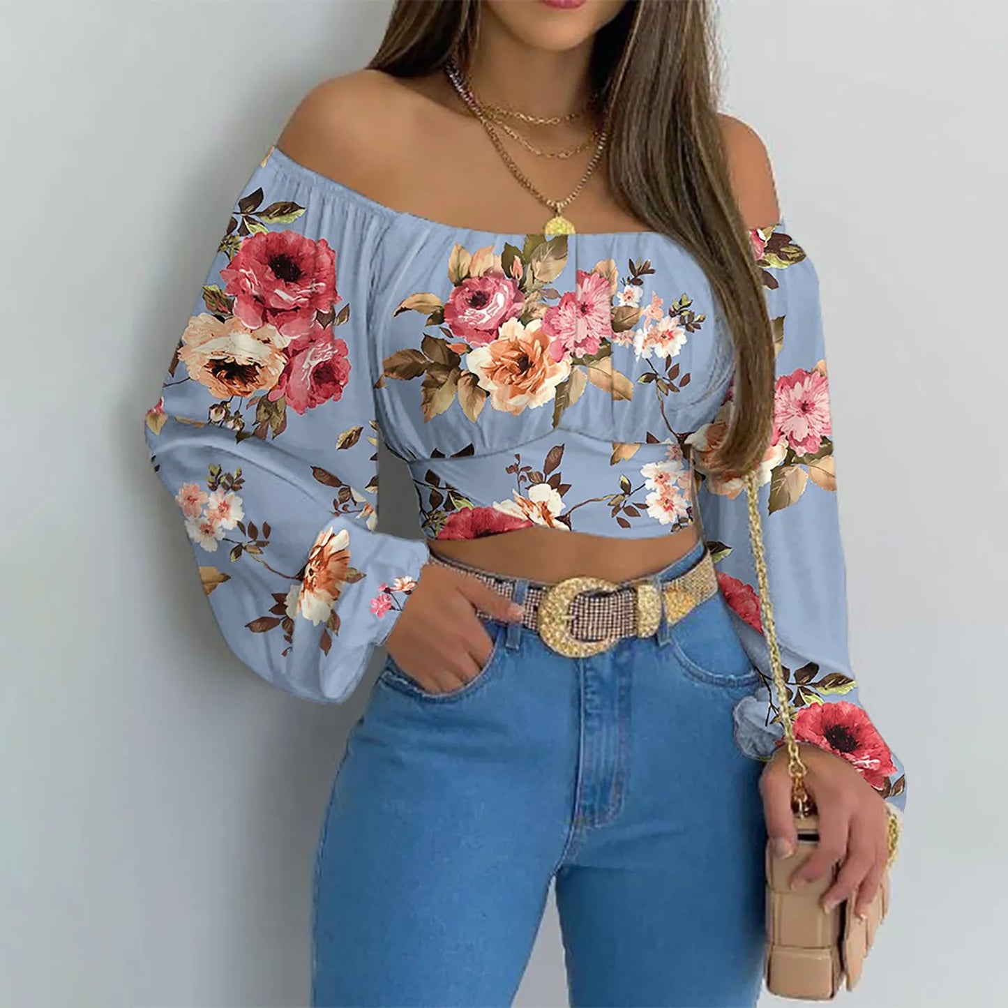 Blusa Sexy con cuello oblicuo y espalda descubierta de manga larga acampanada con estampado Floral, Tops de verano para mujer, camisetas recortadas con vendaje entrecruzado