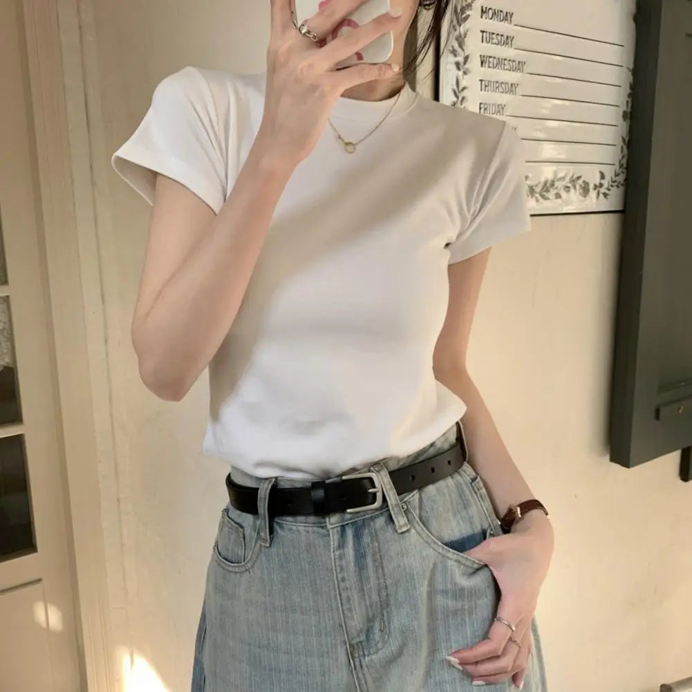 Camiseta básica ajustada de manga corta con cuello redondo – Casual/Streetwear