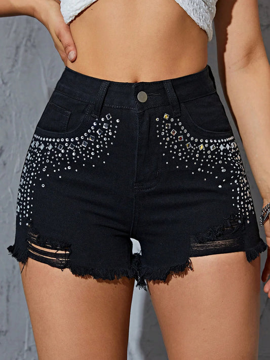 ✨Short de Mezclilla Negro con Brillos y Deshilado – Estilo Urbano✨