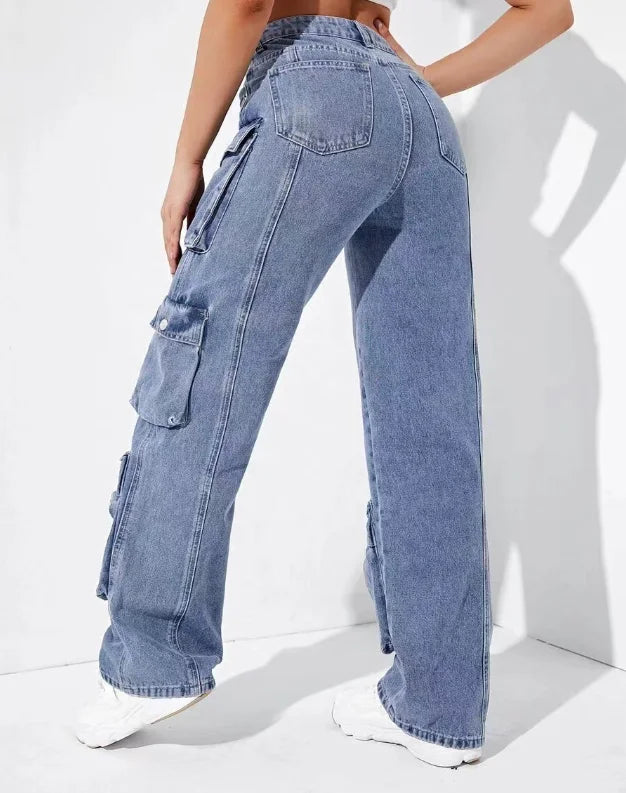 Jeans Cargo Mujer Cintura Alta – Estilo Retro con Bolsillos Laterales Abatibles