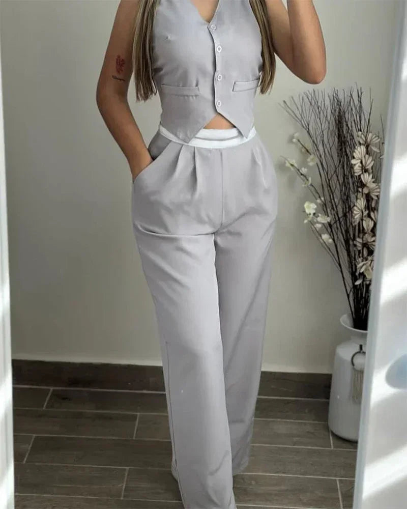 Conjunto Elegante 2 Piezas – Chaleco Abotonado con Cuello en V + Pantalón con Bolsillos Casual ✨