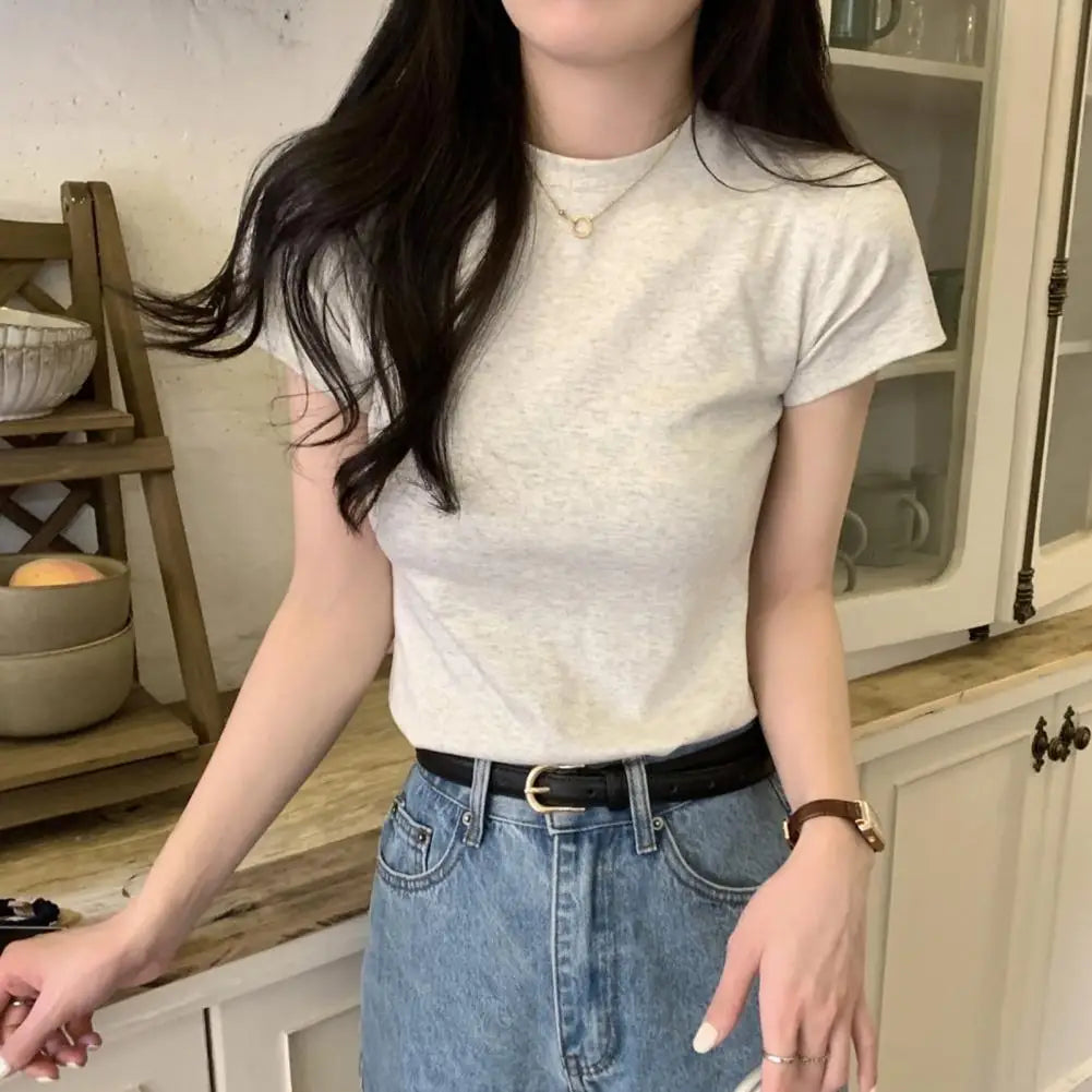 Camiseta básica ajustada de manga corta con cuello redondo – Casual/Streetwear