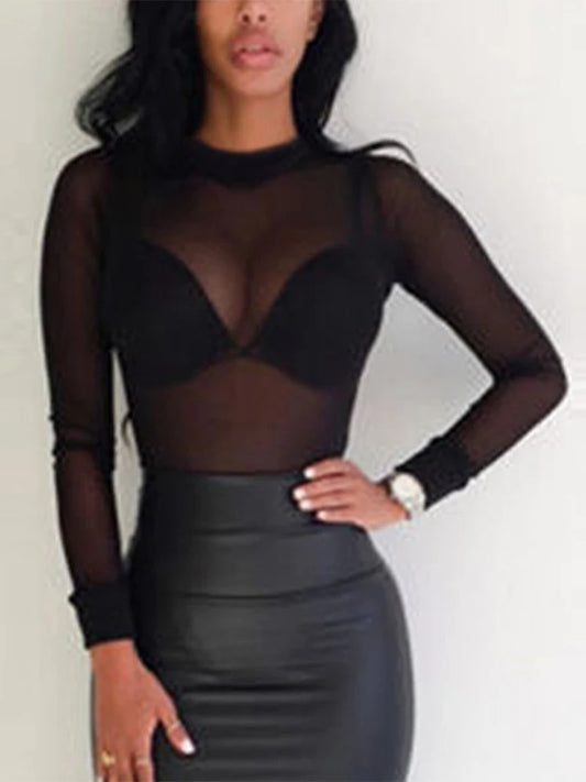 Top de malla transparente con cuello alto – camiseta sexy de manga larga ajustada