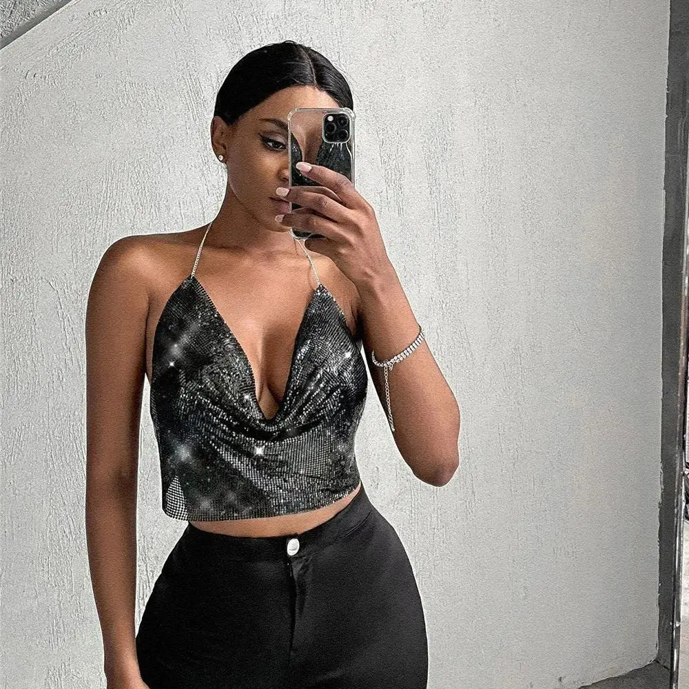 Top Halter Brillante con Lentejuelas de Metal sin Mangas – Espalda Abierta para Fiesta y Club Nocturno