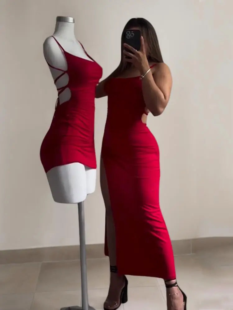 Vestido largo halter con abertura lateral y espalda cruzada – Elegante/Fiesta