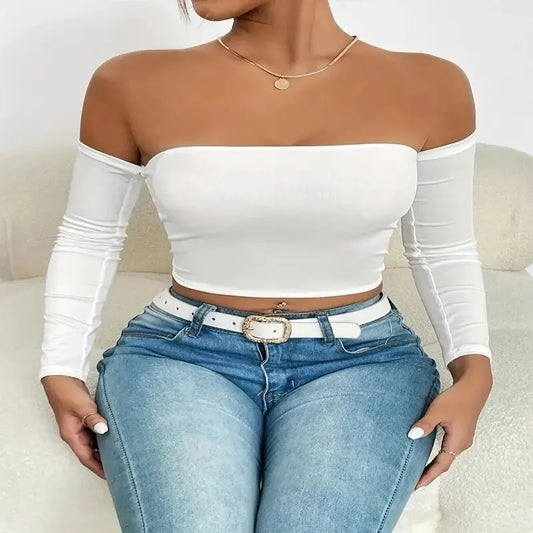 Blusa Crop Básica – Manga Larga con Hombros Descubiertos