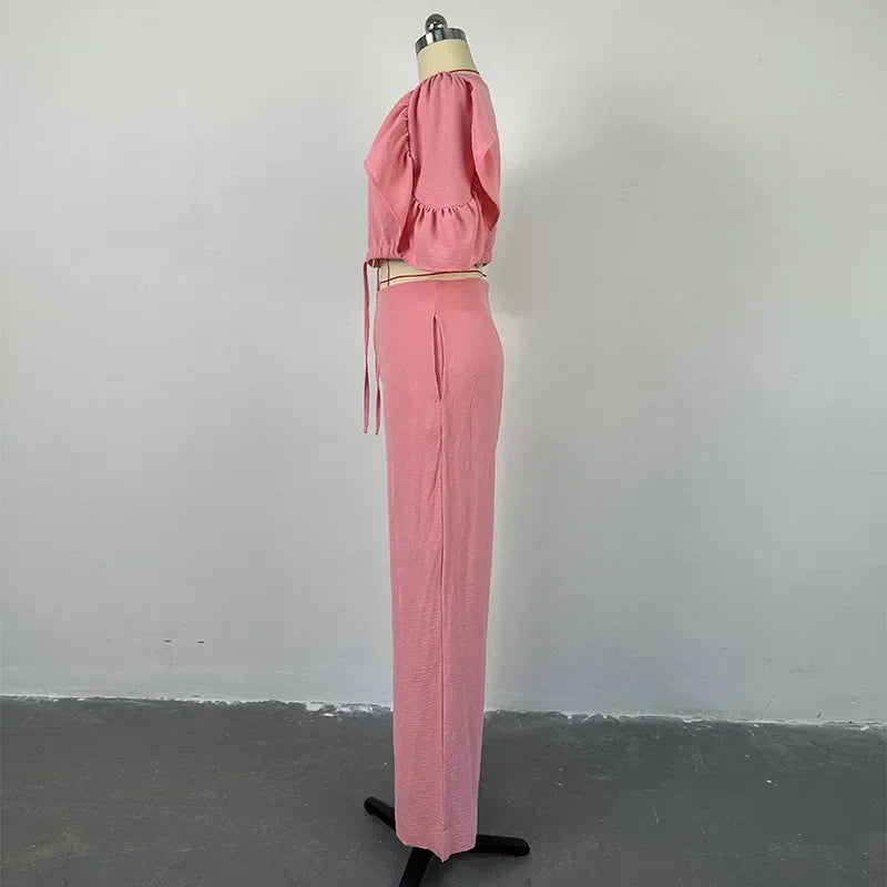 Conjunto 2 piezas con top de manga acampanada y pantalón pierna ancha – Casual