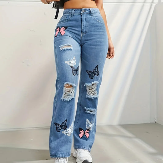 Jeans Rectos Azul con Estampado de Mariposas y Desgastes