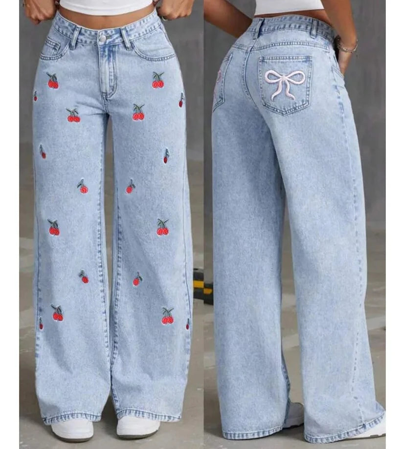Jeans Wide Leg Azul con Bordados de cerezas 🍒