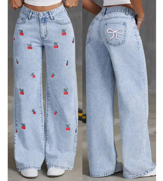 Jeans Wide Leg Azul con Bordados de cerezas 🍒