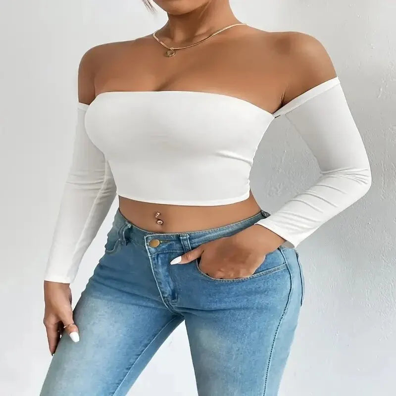 Blusa Crop Básica – Manga Larga con Hombros Descubiertos