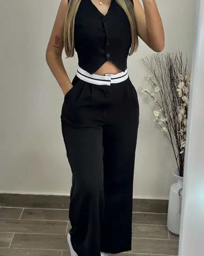 Conjunto Elegante 2 Piezas – Chaleco Abotonado con Cuello en V + Pantalón con Bolsillos Casual ✨