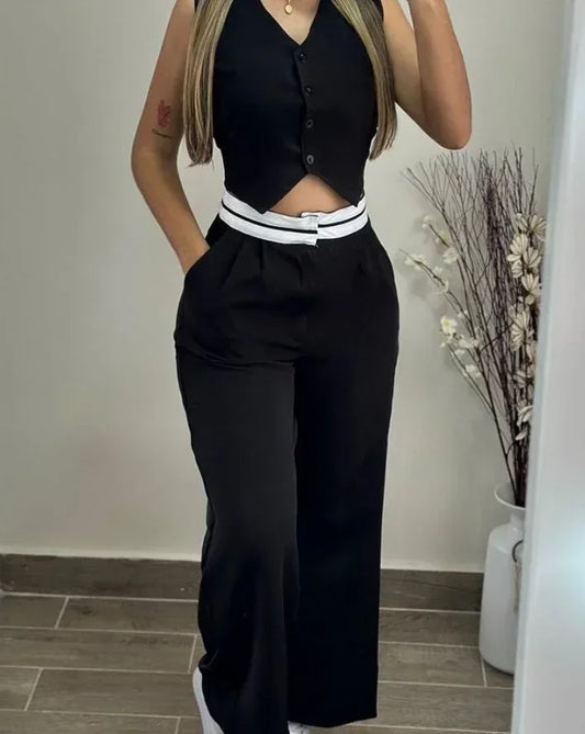 Conjunto Elegante 2 Piezas – Chaleco Abotonado con Cuello en V + Pantalón con Bolsillos Casual ✨
