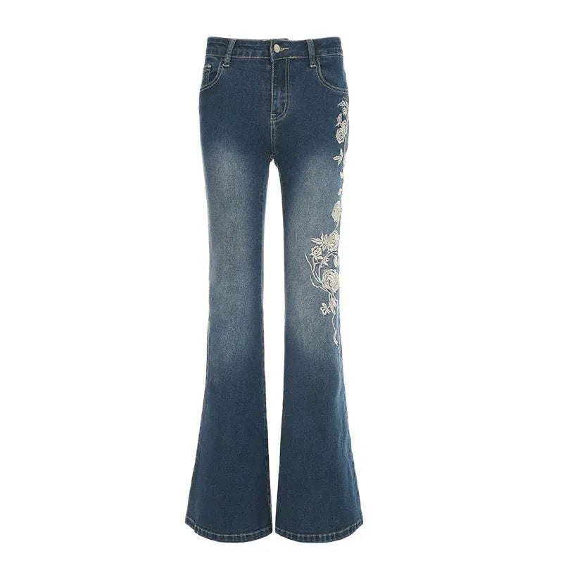 Pantalón vaquero acampanado con bordado y cintura baja – Corte de bota estilo vintage