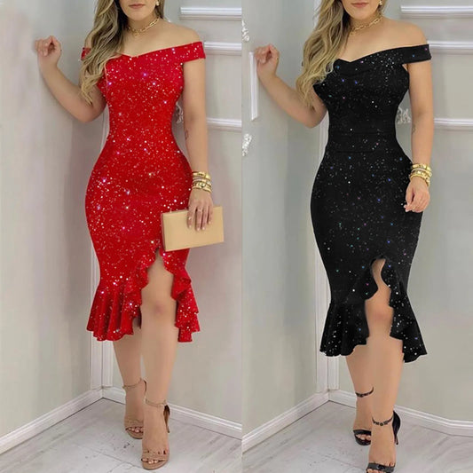 Vestido de fiesta con lentejuelas y hombros descubiertos