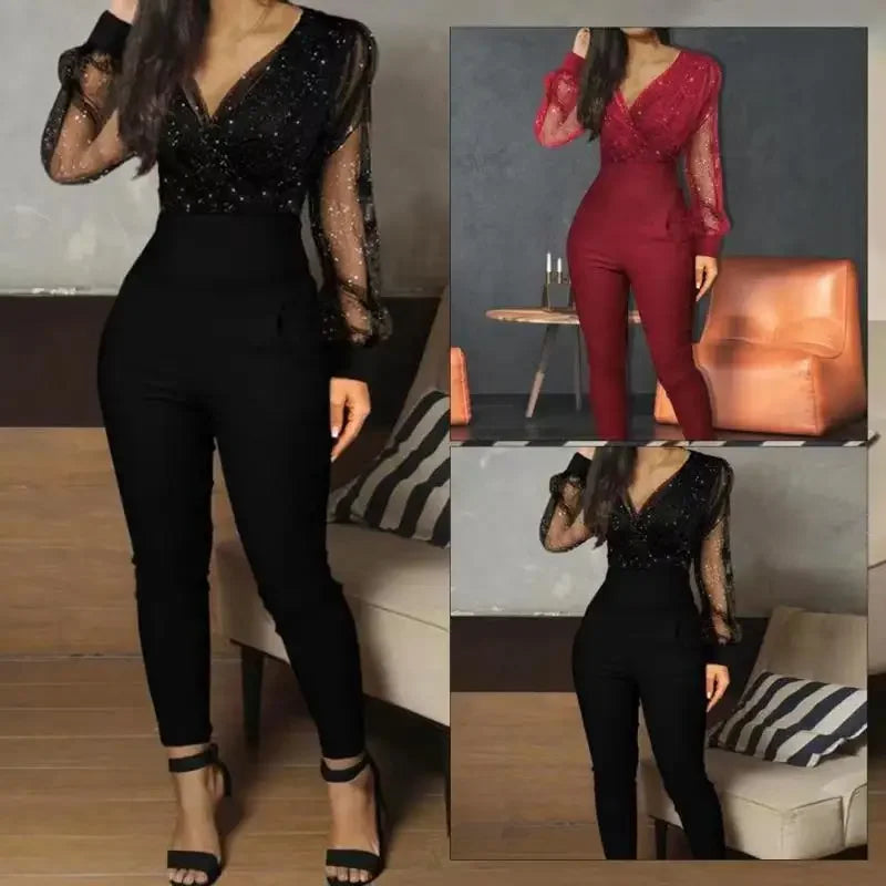 Mono Elegante Negro con Lentejuelas y Manga Larga de Encaje