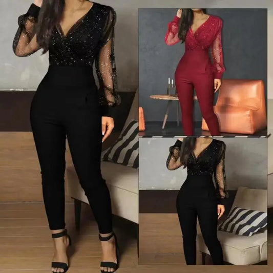 Mono Elegante Negro con Lentejuelas y Manga Larga de Encaje