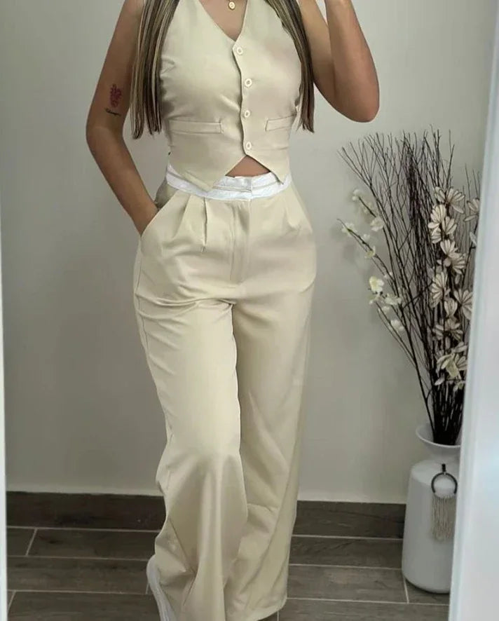 Conjunto Elegante 2 Piezas – Chaleco Abotonado con Cuello en V + Pantalón con Bolsillos Casual ✨
