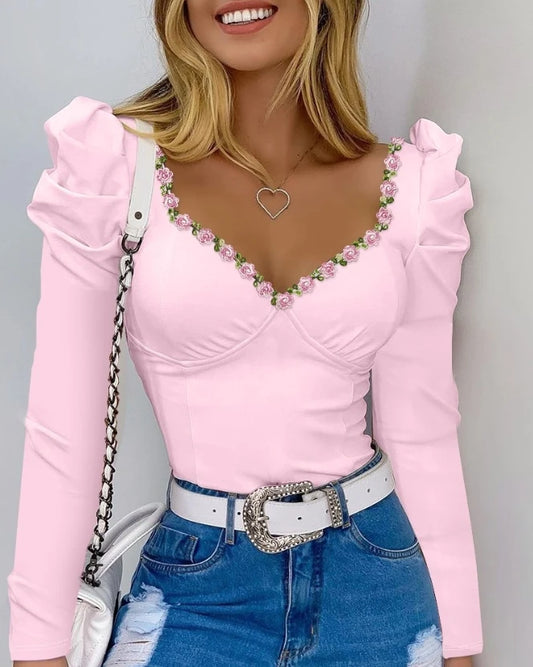 Blusa Sexy Casual de Encaje  – Manga Larga Abullonada