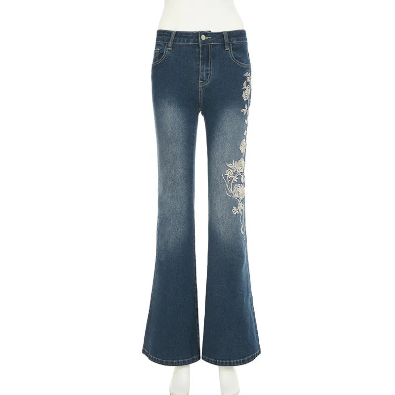 Pantalón vaquero acampanado con bordado y cintura baja – Corte de bota estilo vintage