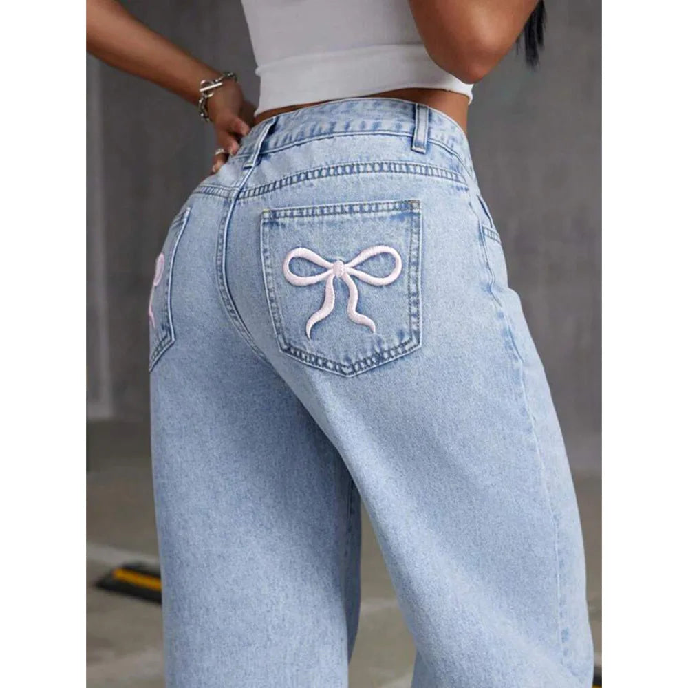 Jeans Wide Leg Azul con Bordados de cerezas 🍒