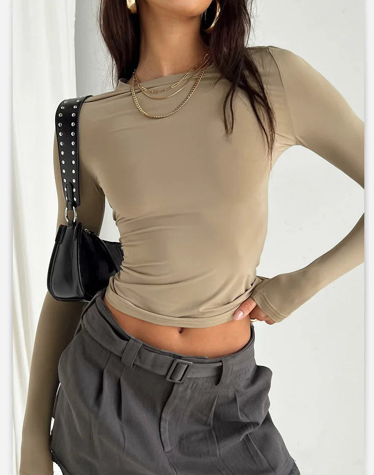 Camiseta básica de manga corta y manga larga ajustada con cuello redondo – Top corto Y2K