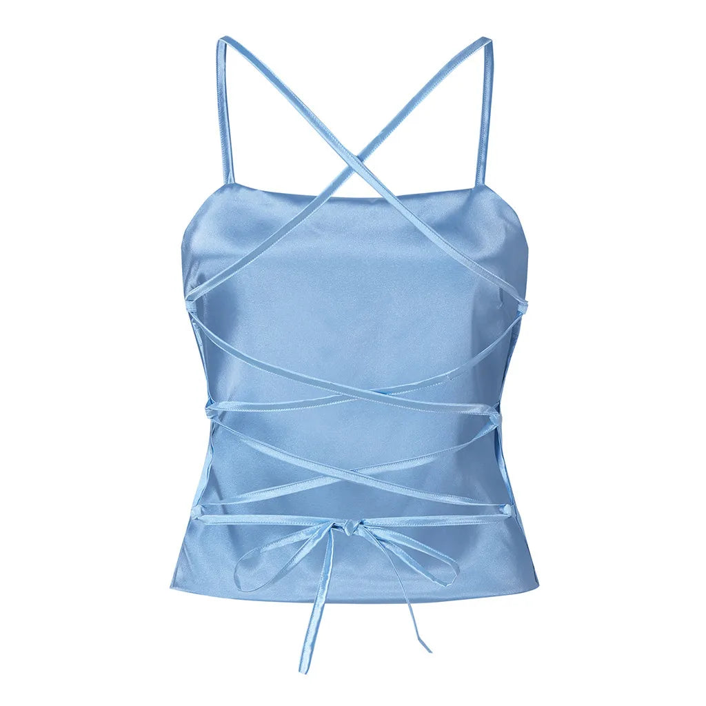 Camisola Sexy De seda De hielo suave para Mujer, Tops cortos ajustados con espalda descubierta, camisola Bandage para fiesta y Club, camisetas sin mangas sexys Y2k, Blusas, Ropa De Mujer