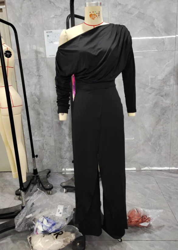 Mono elegante manga larga con hombro descubierto y pierna ancha – Casual/Nocturno