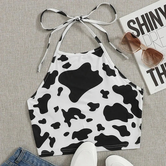Top Halter de Verano con Estampado de Vaca 🐄 | Crop Top Ajustado sin Mangas