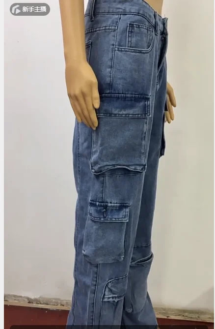 Jeans Cargo Mujer Cintura Alta – Estilo Retro con Bolsillos Laterales Abatibles