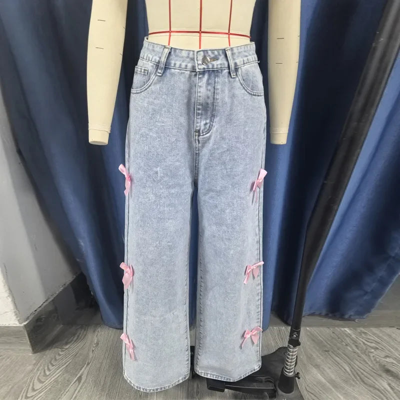 Jeans Wide Leg Azul Claro con Moños Decorativos