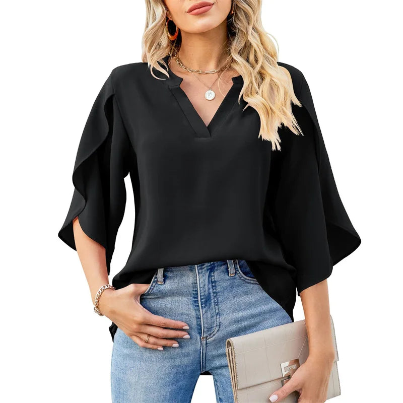 Blusa de gasa holgada con cuello en V y mangas acampanadas – Estilo veraniego casual