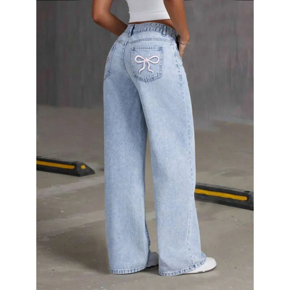 Jeans Wide Leg Azul con Bordados de cerezas 🍒