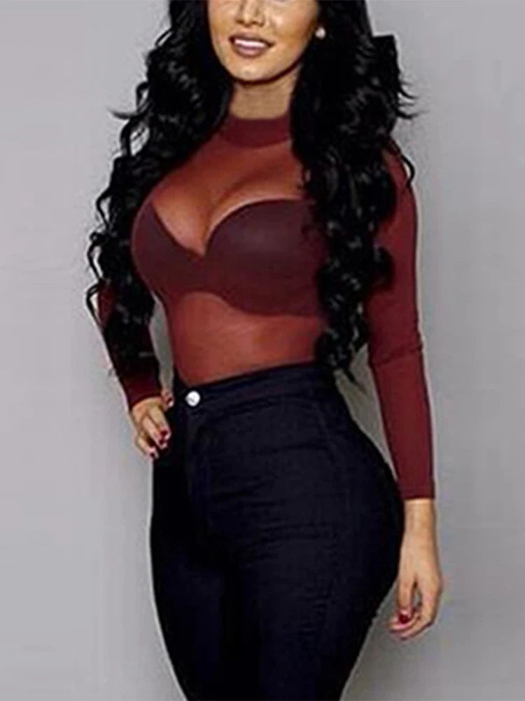 Top de malla transparente con cuello alto – camiseta sexy de manga larga ajustada
